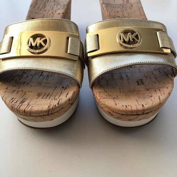 Michael Kors MK Warren Leather Platform Cork Slide Sandals Gold Logo Plate 10M - Picture 7 of 16